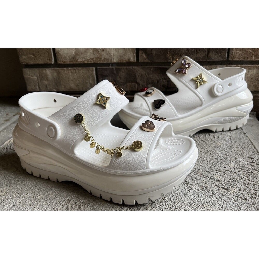 Crocs Mega Crush Women's 9 Men's 7 Platform Sandals - White w/ Jibbitz Charms